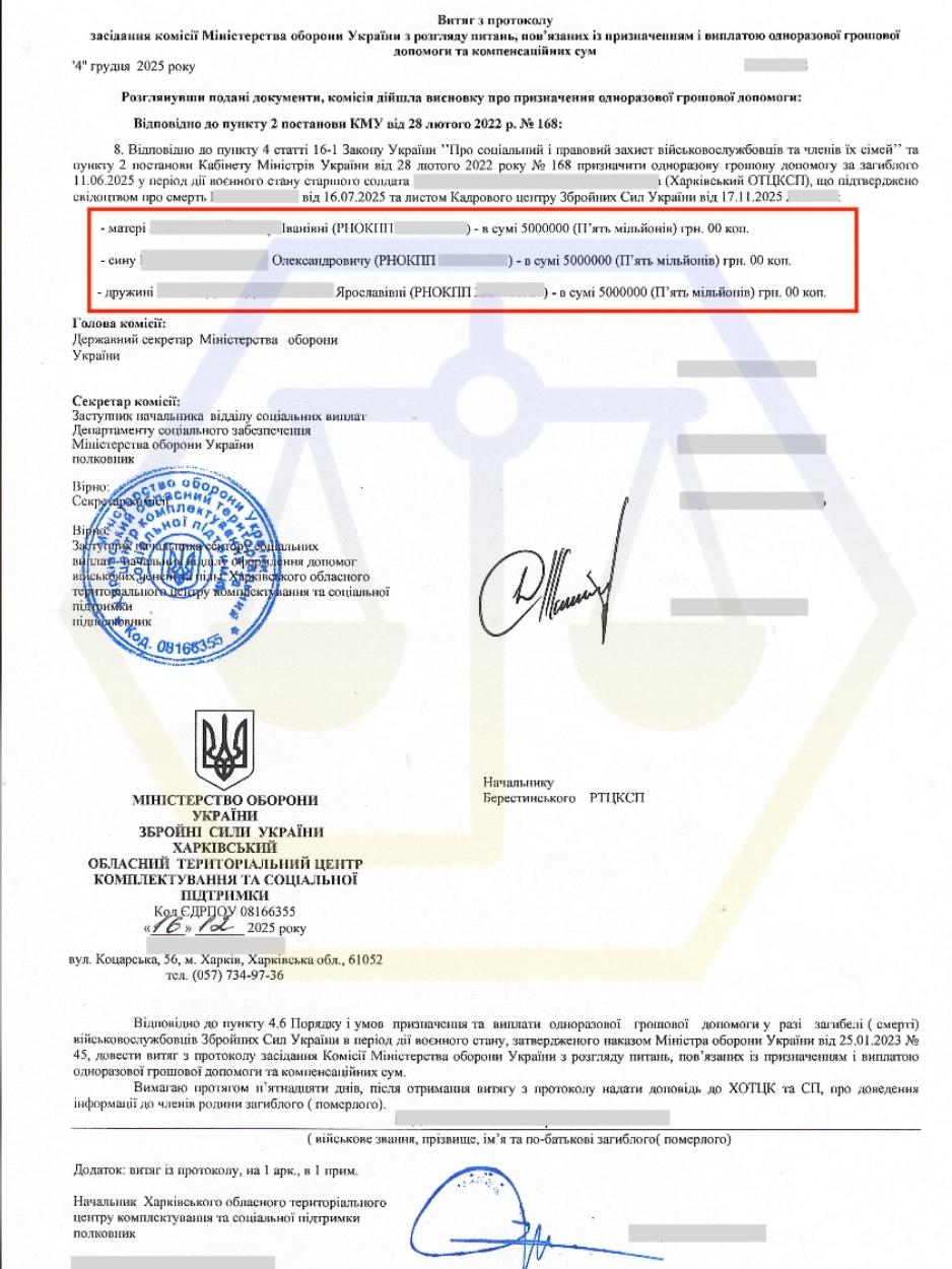 15 МЛН ГРН РОДИНІ ЗАГИБЛОГО ВІЙСЬКОВОГО