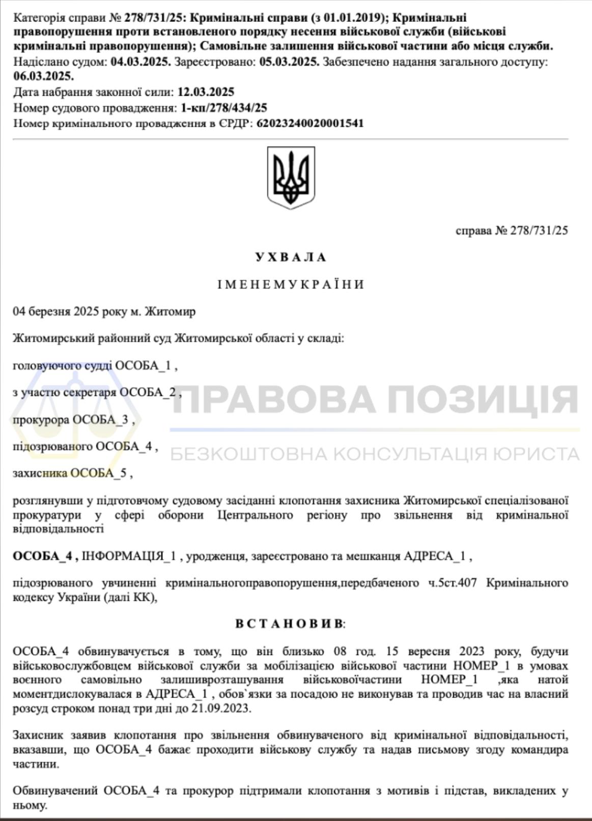 ЗВІЛЬНИЛИ ВІД КРИМІНАЛЬНОЇ ВІДПОВІДАЛЬНОСТІ ЗА&nbsp;Ч. 5 СТ. 401 КК УКРАЇНИ - Ч.1