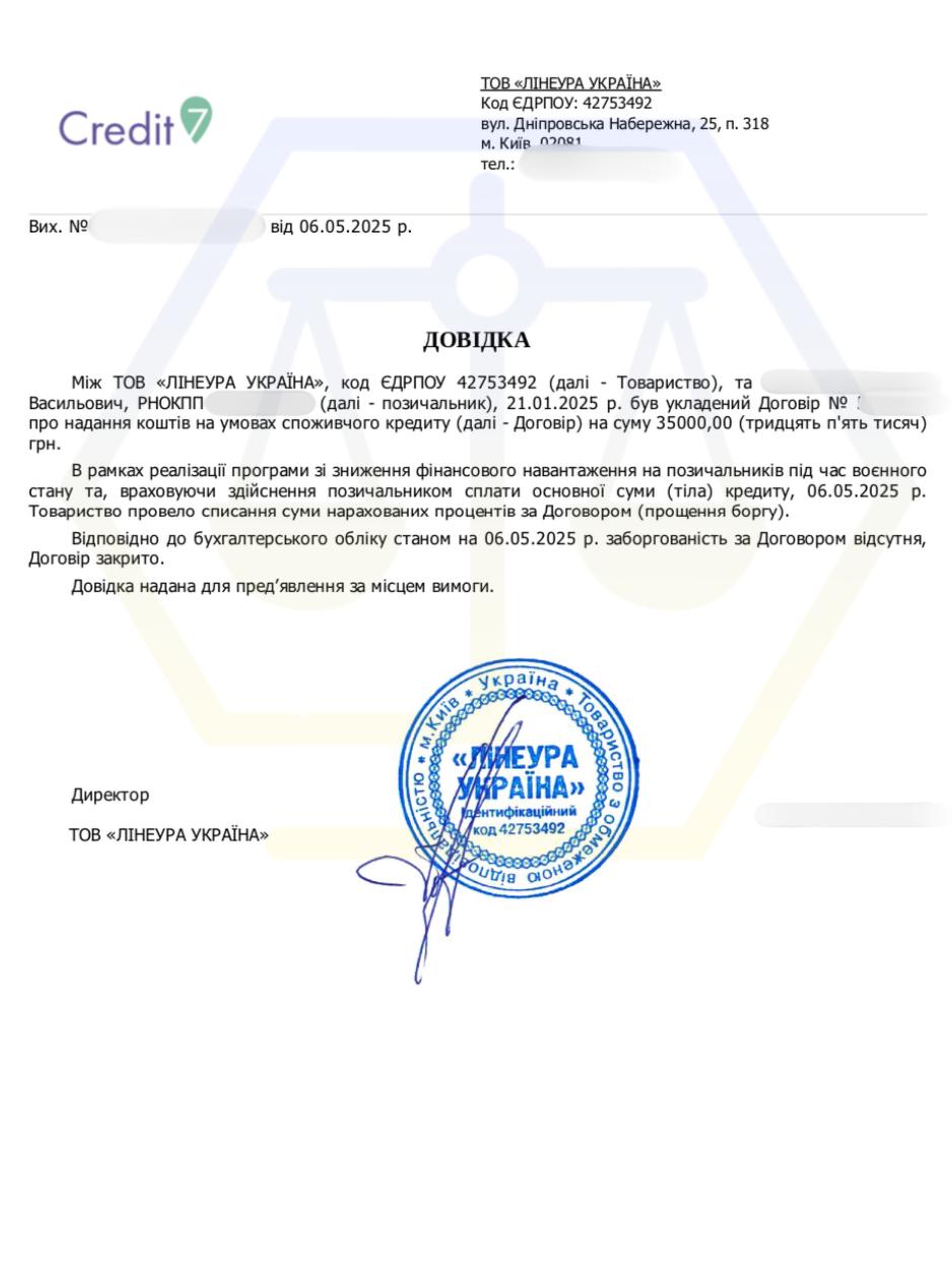 ПОГАСИТИ БОРГ В «Credit7» ЗА ПОЛОВИНУ ВІД ТІЛА КРЕДИТУ