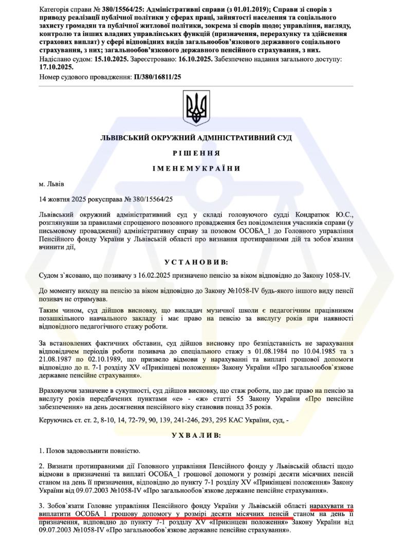ОСКАРЖИЛИ ВІДМОВУ ПФУ ТА В СУДОВОМУ ПОРЯДКУ ВІДСТОЯЛИ ПРАВО НА ДОПОМОГУ У РОЗМІРІ ДЕСЯТИ ПЕНСІЙ